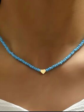 Gold Heart Blue Beaded Choker Necklace - Women Jewelry